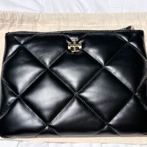 Tory Burch Black Quilted Leather Wristlet Clutch with Gold Logo